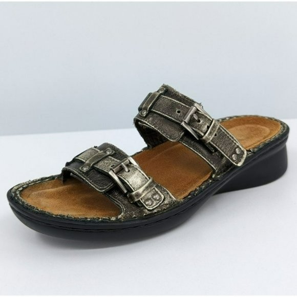 Naot Karaoke Wedge Sandal 37 6 Metallic Bronze Gold Strappy Side Buckle Open Toe - Picture 1 of 13